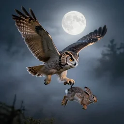 huge owl with outstretched wings flapping flying hunting at night through fog talons reaching for prey striking killing a rabbit in the forest lit by the full moon fog moving through feathers