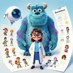 girl wearing scientific clothes and big glasses, big friendly furry monster, spheric floating robot, character sheet, character line up, colorful, character sheet, greg rutkowski, zabrocki, karlkka, jayison devadas, trending on artstation, 8 k, ultra wide angle, zenith view, pincushion lens effect