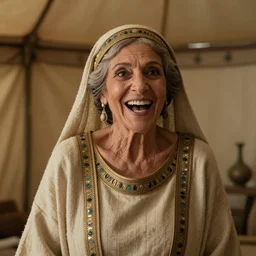 dramatic film still portrait of 80 year old Mediterranean skinned woman in ancient Canaanite clothing laughing, embarrassed, surprised, ancient interior tent background, Biblical epic directed by Steven Spielberg