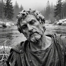 1 9 6 0 s movie still close up of marcus aurelius'flesh face in his emperor clothes frozen to death by the side of a river, grass, snowy, pine forests, cinestill 8 0 0 t 3 5 mm b & w, high quality, heavy grain, high detail, texture, dramatic light, anamorphic, hyperrealistic, detailed hair, foggy