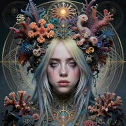 hyperrealistic fashion portrait of the billie eilish as goddess of fractal coral lights, uniquely gorgeous with large elaborate cyberpunk fractal headdress of sea flowers and sea creatures, strong cyberpunk make - up, emotionally evoking symbolic metaphors, head in focus, heavily ornamental, sacred geometry sublime, elegant, sensual, etheric, moody, highly detailed digital painting, artstation, golden ratio, sharp focus, art by h. r. giger and ernst haeckel, alphonse mucha, tooth wu,