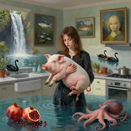 tall emo girl holding a pig in her flooded kitchen, pomegranates, octopus, luxury apartment, paintings on the walls, surreal photography, fish, zen, waterfall, black swans, canoe, berries, impressionist digital painting, artstation, by simon stalenhag and magritte