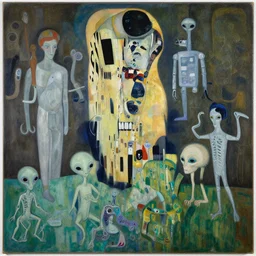 a painting of guernica with aliens and robots by graham sutherland, egon schiele, gustav klimt, joan miro, basquiat, expressionism