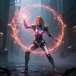 cyborg sorceress casting a magical spell, scifi, special effects, cinematic lighting, atmosphere, sparks, energy shield, highly detailed, unique, futuristic street, foggy weather, masterpiece, artstation, art by eddie mendoza and leif heanzo