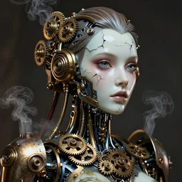 Portrait of a beautiful steampunk female robot, cracked porcelain face, steam, gears, high detail, realistic octane render