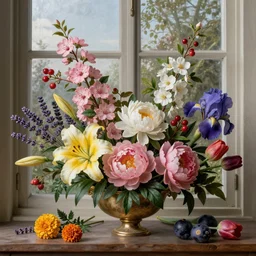 still life of flowers, centered, window lighting, old masters, in the style of rachel ruysch, complex 3 d render, ultra detailed, 8 5 mm lens, refined, high definition, pink blossoms, white blossoms, red berries, fruit, lavender, yellow st joseph lily, peonies, foliage, marigold, tulips, blue iris,