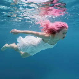 woman swims uder water, pink wavy hair, white dress, bare feet digital art by Dan Mumford and Peter Mohrbacher, highly detailed, trending on ArtStationHQ
