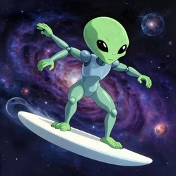an alien artificial intelligence surfing through cosmos, studio ghibli, pixar and disney animation, sharp, rendered in unreal engine 5, anime key art by greg rutkowski, bloom, dramatic lighting