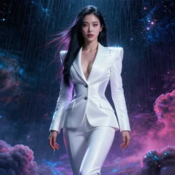 hoyeon jung in a white cyberpunk seductive suit, emerging from neon multicolored rain falling from cosmic clouds in interstellar deep space atmosphere, cinematic, ultra detailed, majestic, seductive, by wlop, android james, ilya kuvshinov, james jean, vincent di fate