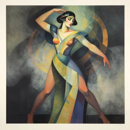 ( ( dither ) ), illustrated portrait a woman like reol, modern art deco, dynamic pose, colorful, moody, concept art, detailed features, dynamic composition, wide angle, matte print, volumetric, fog, dramatic lighting, halftone texture, risograph, 4 k