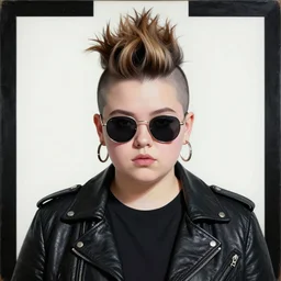 a chubby young goth girl an asymmetrical ombre mohawk wearing a leather jacket, euro sunglasses, and a black tshirt. high key, anaglyph lighting, detailed character design, melancholic complex flat geometric minimalism by oskar schlemmer, moebius, nagel, john berkey, oil on canvas, portrait facial head, featured on artstation, hd wallpaper, anime art nouveau cosmic display