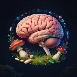 awesome logo of a brain and mushroom and pills with dark techno. synthwave colours, in the style of spirited away, hyperrealism, art by satoshi kon, lush detail, award winning, trending on artstation