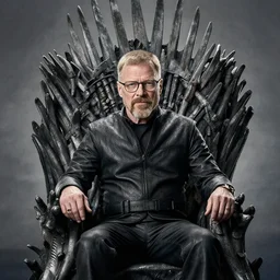 “Very hyperrealistic studio photo of Walter White sitting on the Iron Throne from Game of Thrones, award-winning details”
