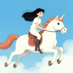 woman riding a flying unicorn, japanese illustration