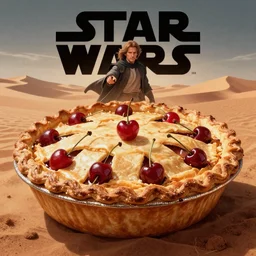 star wars movie poster, huge cherry pie, dune, photo realistic, Gregory Crewdson, Award winning. Masterpiece, exquisite detail, trending on artstation and unreal engine, post processing