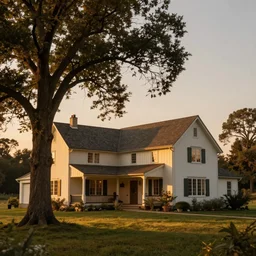 highly detailed realistic photo of beautiful farm house near a tall tree, dramatic golden hour light, award winning masterpiece art, hyper realistic, concept art, 8 k detail post - processing