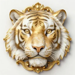 beautiful portrait of a large ornate and intricate rococo carved marble and gold tiger face, 3 d, photorealistic, symmetric, front facing, centered, hyper detailed, gold plated on white marble, wallpaper pattern