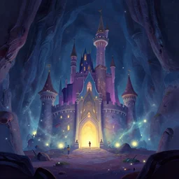 stylized digital illustration of a subterranean magic castle surrounded by a mote, by john berkey, disney animated film key art