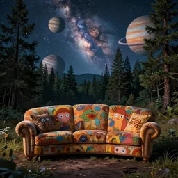 psychedelic trippy couch pine forest, planets, milky way, sofa, cartoon by rob gonsalves