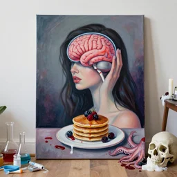 woman holding an electronic brain from inside a painting, sensual, a portrait in a female art student's apartment, pancakes, berries, octopus, surgical supplies, skull, scientific glassware, art materials, candle dripping white wax, berry juice drips, neo - expressionism, surrealism, acrylic and spray paint and oilstick on canvas