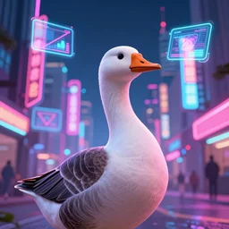 Goose, cyberpunk setting, beautiful cityscape background, neon signs, vibrant colors, holograms, 4k, digital art