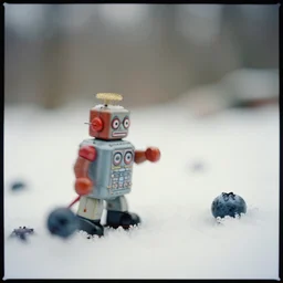 kodak portra 4 0 0, wetplate, muted colours, blueberry, action photography, 1 9 2 0 s, long shot, macro photo of a colourful tin toy robot celebrates christmas in the snowy woods, motion blur, tiny gaussian blur, depth of field