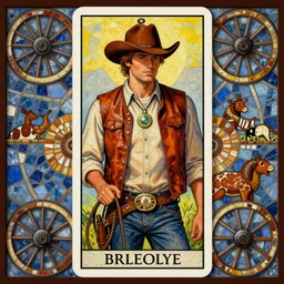 a beautiful epic symmetrical tarot painting of a handome cowboy wearing a leather vest and a circular pendant around his neck holding reins | background is a mosaic of wagon wheels | tarot card, art deco, art nouveau | trending on artstation