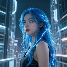 A beautiful female with blue hair and glowing eyes wanders, hyperrealistic, cyber universe, glass buildings, volumetric lightning, reflections, octane render 8K