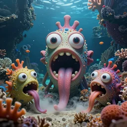 of a colorful deep sea cavern with strange cute friendly creatures with huge eyes, mouth, long tongue and round teeth appearing from the cloudy sandy coral, in the style of gehry and gaudi, macro lens, highly detailed, digital painting, trending artstation, concept art, illustration, cinematic lighting, vibrant colors, photorealism, epic, octane render