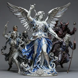high intricate porcelain baroque angelic warrior fighting the army of the demon lord, 8 k, hyperrealistic hyperdetailed blue and silver maria panfilova, andrea savchenko, mike kime, ludovic plouffe, qi sheng luo, oliver cook, trending on artstation