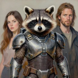 portrait of raccoon wearing power armor. intricate painting by ross tran, magali villeneuve, and jeremy mann.