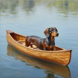 a wooden canoe in the shape of a dachshund, detailed painting, weiner dog, oil on canvas, adorable, reflective water, wide angle shot, very detailed