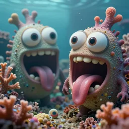 of an intricate coral reef with 2 large strange cute friendly happy creatures with huge eyes, mouth, long tongue, round teeth and goofy face, appearing from the background, in the style of gehry and gaudi, macro lens, shallow depth of field, ultra detailed, digital painting, trending artstation, concept art, illustration, cinematic lighting, photorealism, epic, octane render