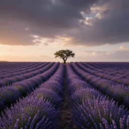 symmetrical lavender field, a! single tree! on horizon in center, desaturated colors, sunrise, by charlie waite