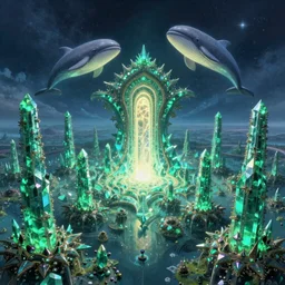 epic wide angle view of a fractal universe with a glowing portal in its center, vast symmetrical fractal landscape, cristalline emerald columns in the sky with giant bioluminescent belugas levitating, art by marc simonetti, studio ghibli vibe, dynamic lighting, glow, trending artstation, octane rendering, unreal 5, realistic, high definition, digital art, hdri