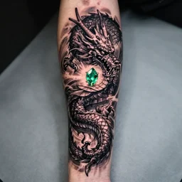 forearm tattoo of a spiraling dragon with a green emerald in its mouth, dark and vibrant forearm tattoo