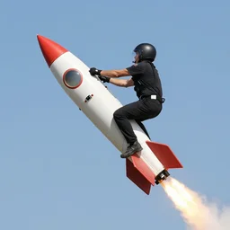 Photo, A man riding a rocket.