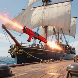 a red flaregun fired from deck of an old warship with sails, unreal engine, octane render, style of midjourney, highly detailed, elegant, digital illustration, detailed, intricate, sharp focus, digital painting, deep focus, artstation, art by artgerm and greg rutkowski