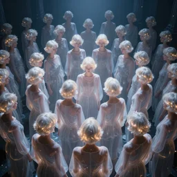 love, groups of translucent people with short glowing hair, from behind, rebirth, wide angle, cinematic atmosphere, elaborate, highly detailed, dramatic lighting