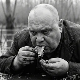 movie still by tarkovsky close up of the face of a giant obese old bald man wear dark clothes eating meat, a swamp, cinestill 8 0 0 t 3 5 mm b & w, heavy grain, high quality, noir, natural textures, photorealistic, ambient occlusion, hd, mud, fog