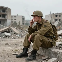 “sad soldier, sitting alone, smoking a cigarette, looking at the ruins of his city from a hill”