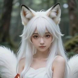 medium shot of a cute white long haired anime foxgirl in a forest, detailed face, highly detailed, digital painting, sharp focus, trending on artstation, art by Krenz Cushart and Ross Tran