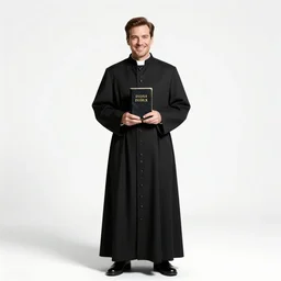 jovial priest with bible, cinematic studio photo, full body, standing, isolated on a pure white background, centered, whole figure in frame, sharp focus, studio lighting