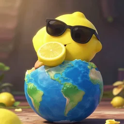 a wholesome animation key shot of lemon eating the planet earth, wearing sunglasses, medium shot, waist up, pixar and disney animation, sharp, rendered in unreal engine 5, anime key art by greg rutkowski, bloom, dramatic lighting