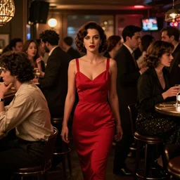 film noir jazz bar, crowds of people, she arrived in a red dress