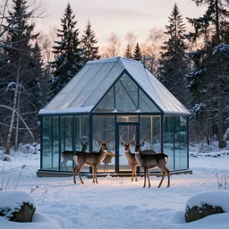 a glass house in the winter in canada with deer, cinematic look, god lighting, 4 k, beautiful landscape