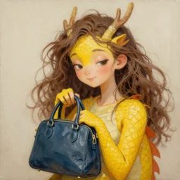 oil painting of a yellow female dragon with a tired eye bags yet with open eyes and a calm smile, she has long messy brown hair as well.