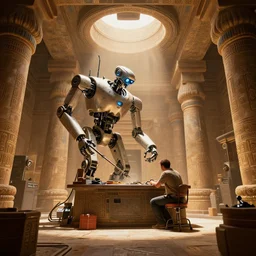 sci fi robot repairshop inside of an egyptian temple, tuomas korpi, volumetric light, artstation, octane render, redshift render, low angle camera, intricate, 8 k, matte painting, volumetric lighting, cinematic composition, from avatar ( 2 0 0 9 ), artstation -