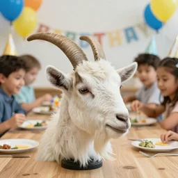 a goat’s head on the table at a kids birthday party