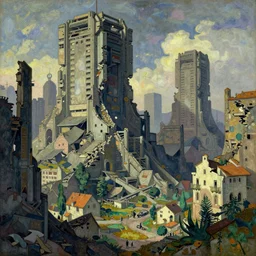 crumbling ruined city, sci - fi digital art by simon stalenhag, rembrandt, henri rousseau, gauguin, matisse